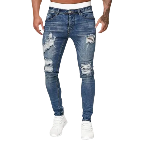 Men'S Casual Hip Hop Sports High Stretch Tight Wash Polished White Ripped Fit Zipper Jean Pants Business Stretch Men'S Jeans - ACHETE LTD