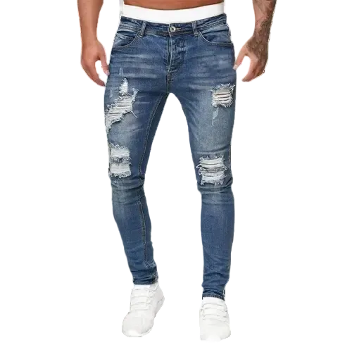 Men'S Casual Hip Hop Sports High Stretch Tight Wash Polished White Ripped Fit Zipper Jean Pants Business Stretch Men'S Jeans - ACHETE LTD