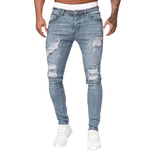 Men'S Casual Hip Hop Sports High Stretch Tight Wash Polished White Ripped Fit Zipper Jean Pants Business Stretch Men'S Jeans - ACHETE LTD