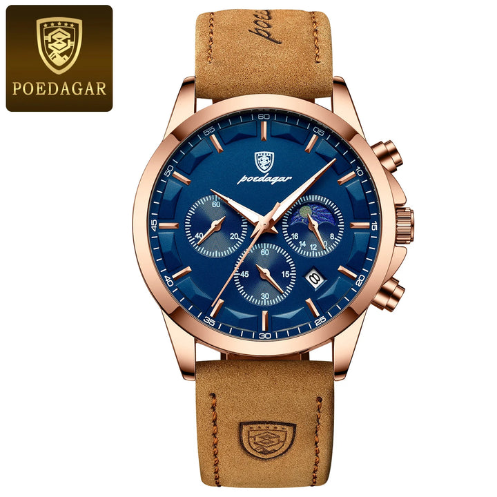 POEDAGAR Men Quartz Watch Luxury Sports Waterproof Chronograph Luminous Date Man Wristwatch Business Leather Men's Watches Clock